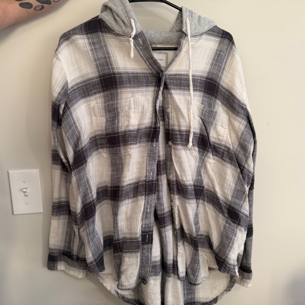 American Eagle Outfitters Black and White Plaid Hooded Shirt